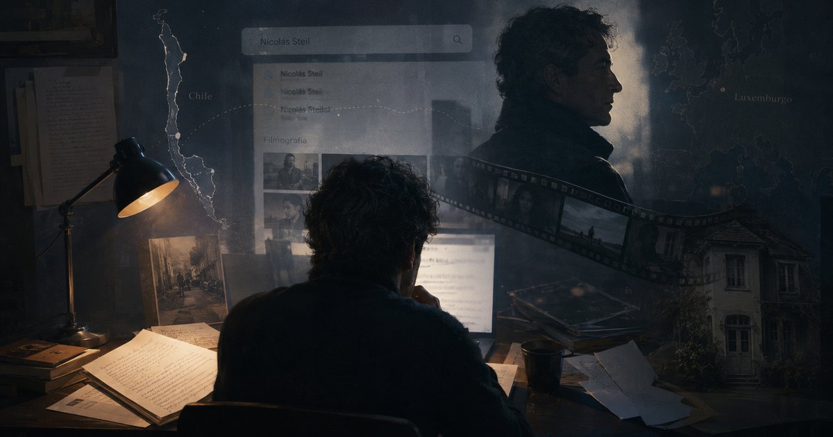 A man seen from behind at a computer; overlaid on the screen are a search box with the name Nicolás Steil, a map from Chile to Luxembourg, a strip of film and the face of the other Nicolas Steil.