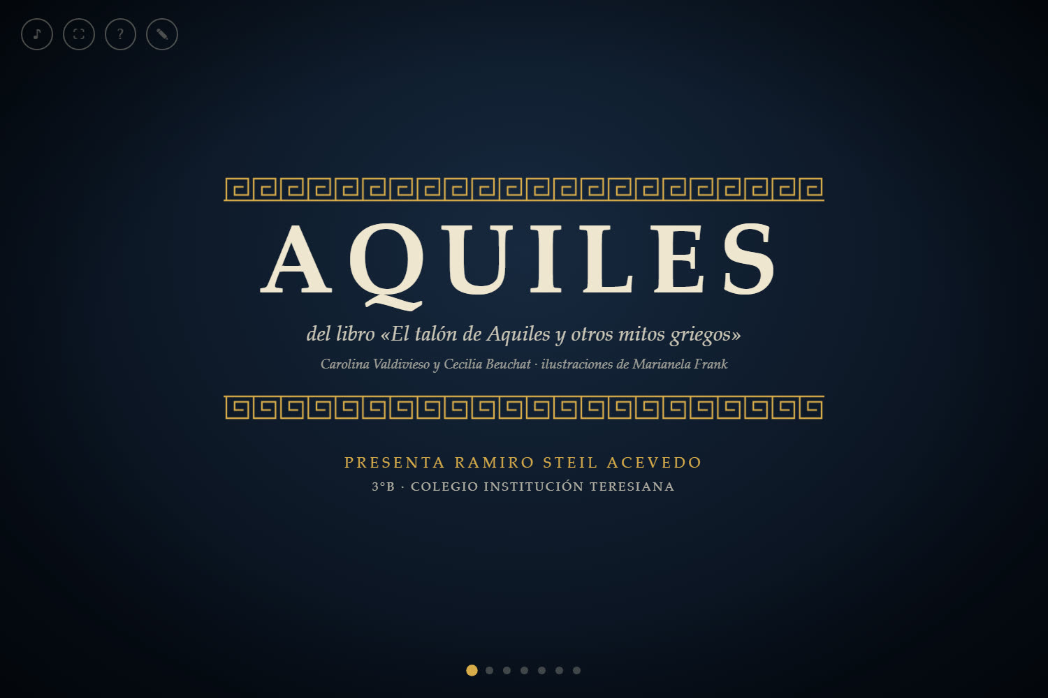 Primera lámina de la presentación: el nombre Aquiles en mayúsculas entre dos grecas doradas, sobre fondo azul noche
