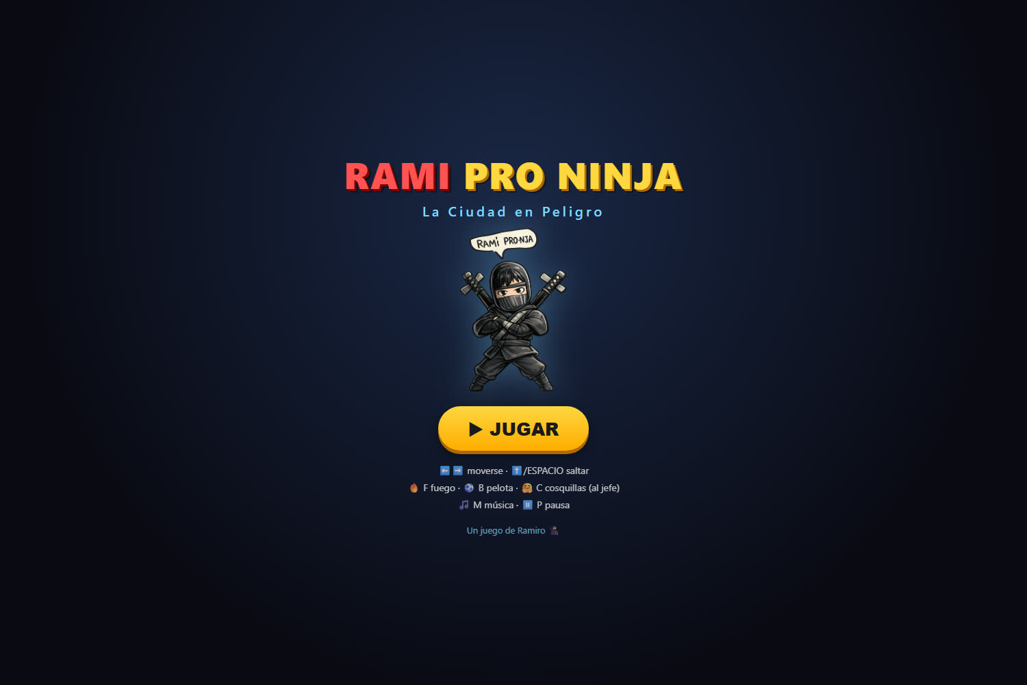Pantalla de inicio del juego, con un ninja de brazos cruzados y dos espadas a la espalda sobre fondo azul oscuro