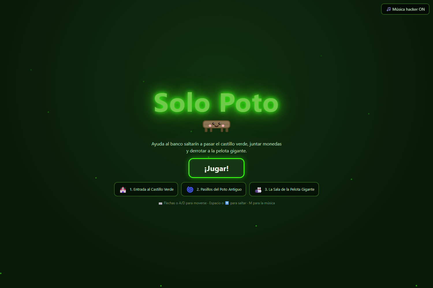 Pantalla de inicio del juego: el título en verde neón, un banco de plaza con cara sonriente y los tres niveles