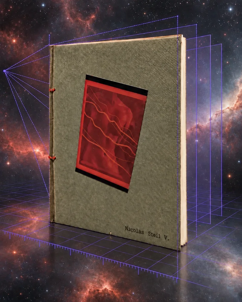 El cuadernillo de pie: tapa de fieltro gris cosida con hilo rojo, un negativo rojo pegado y, abajo, a máquina, «Nicolas Steil V.», flotando en el espacio, entre nebulosas. Alrededor, en líneas violeta, planos en perspectiva: las hojas detrás de la tapa, una grilla de piso, guías hacia el punto de fuga y una regla.